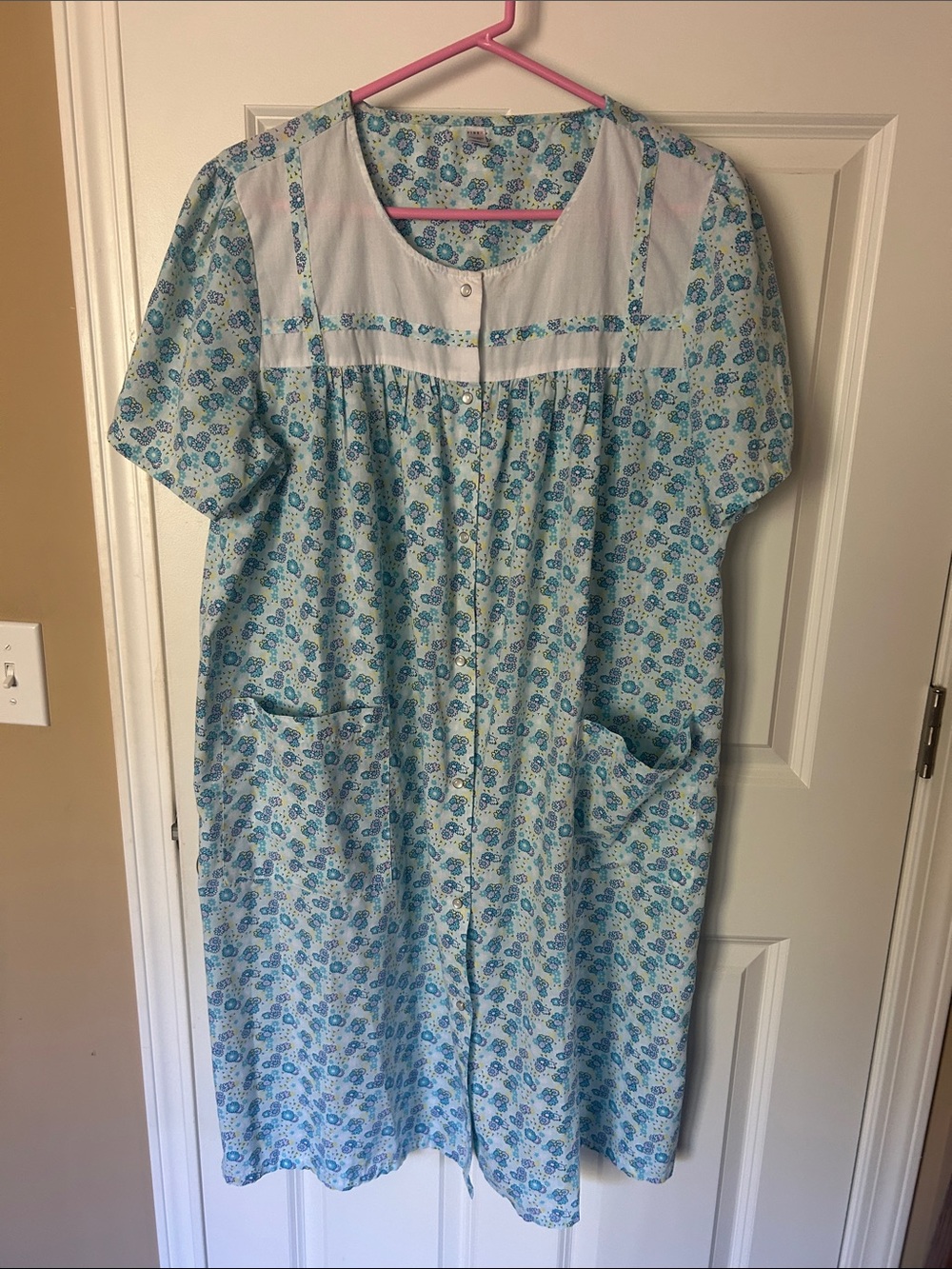 Blue Floral Women's Snap Front Nightgown Robe with White Yoke
